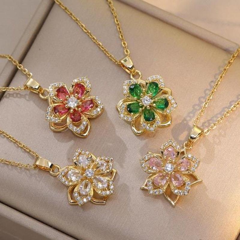 Rotatable Flower Design Pendant Necklace for Women, Summer Rhinestone Decor Necklace for Party, Daily Clothing Decor, Trendy & Exquisite Jewelry for Holiday Parties, Fall Outfits, Fall Freshness, 90S Minimalism, Pink Charm
